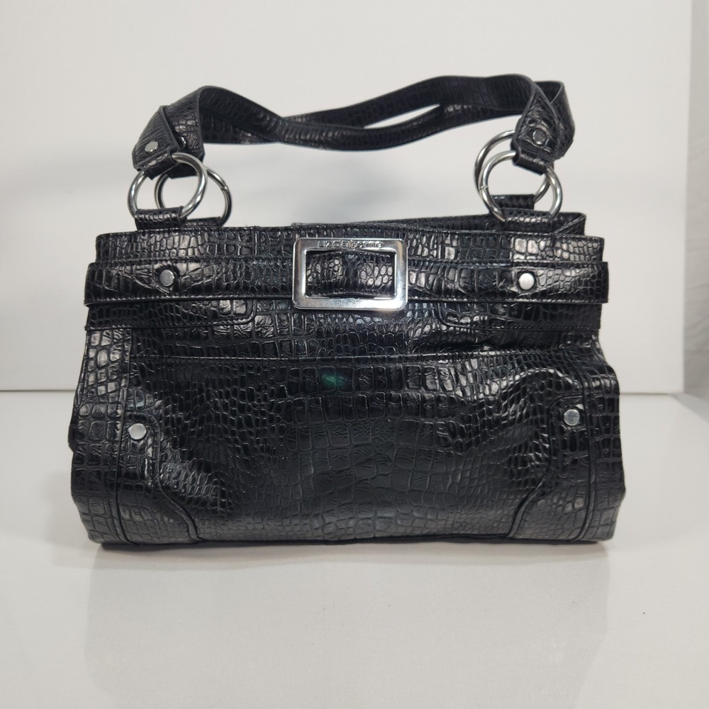Liz Claiborne Crocodile Embossed Black Satchel Handbag Shoulder Handbag‎ Buckle